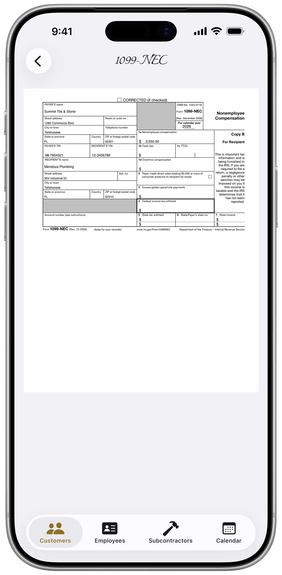 A filled IRS Form 1099-NEC, Copy B, generated in the app