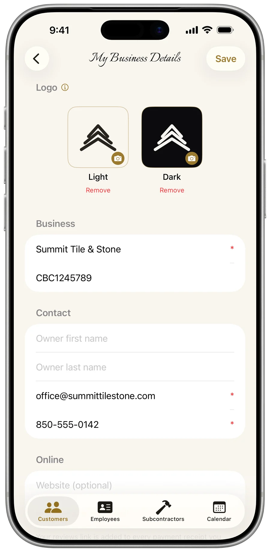 My Business — your own logo and business details