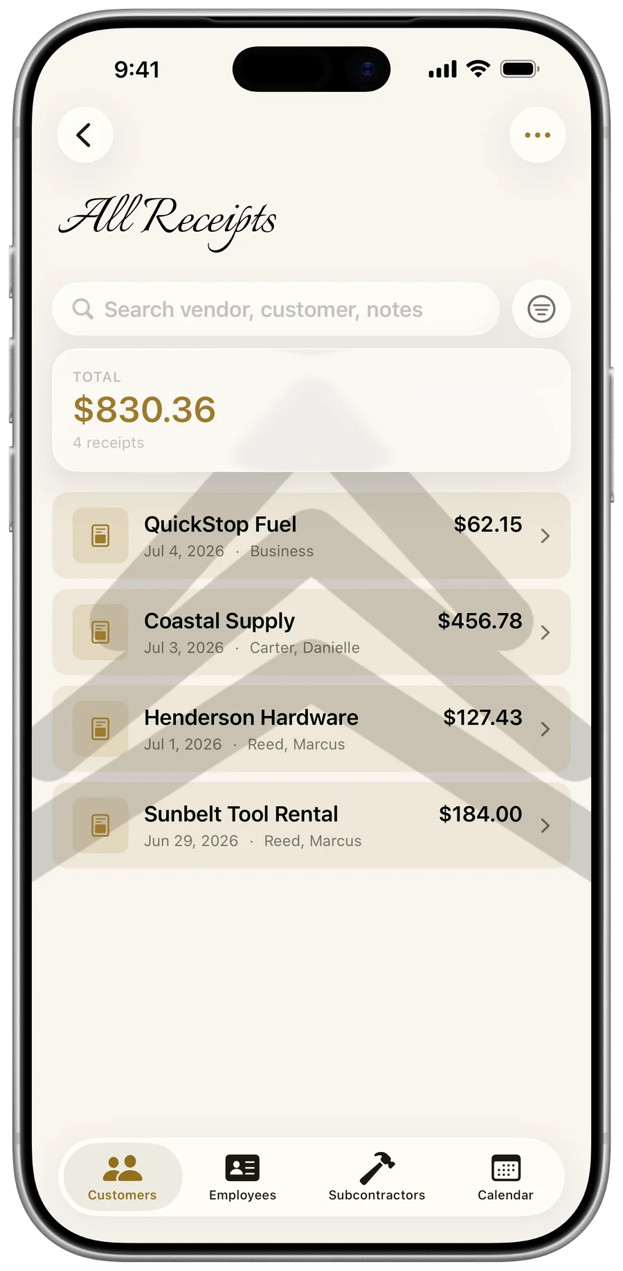 Vendor, date, and total read automatically from a scanned receipt