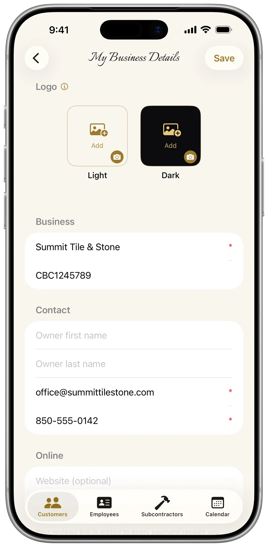 Business profile details — name, license, contact, and address