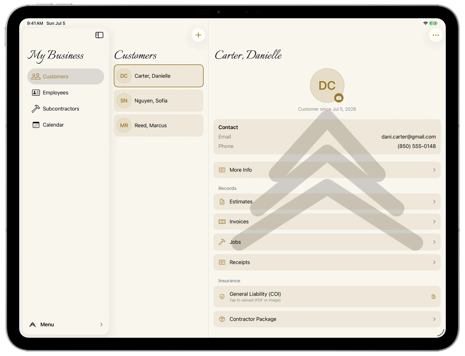 A customer’s detail hub on iPad with their records, under a custom brand backdrop