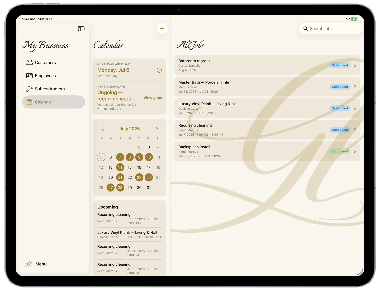 My Business — the Calendar on iPad