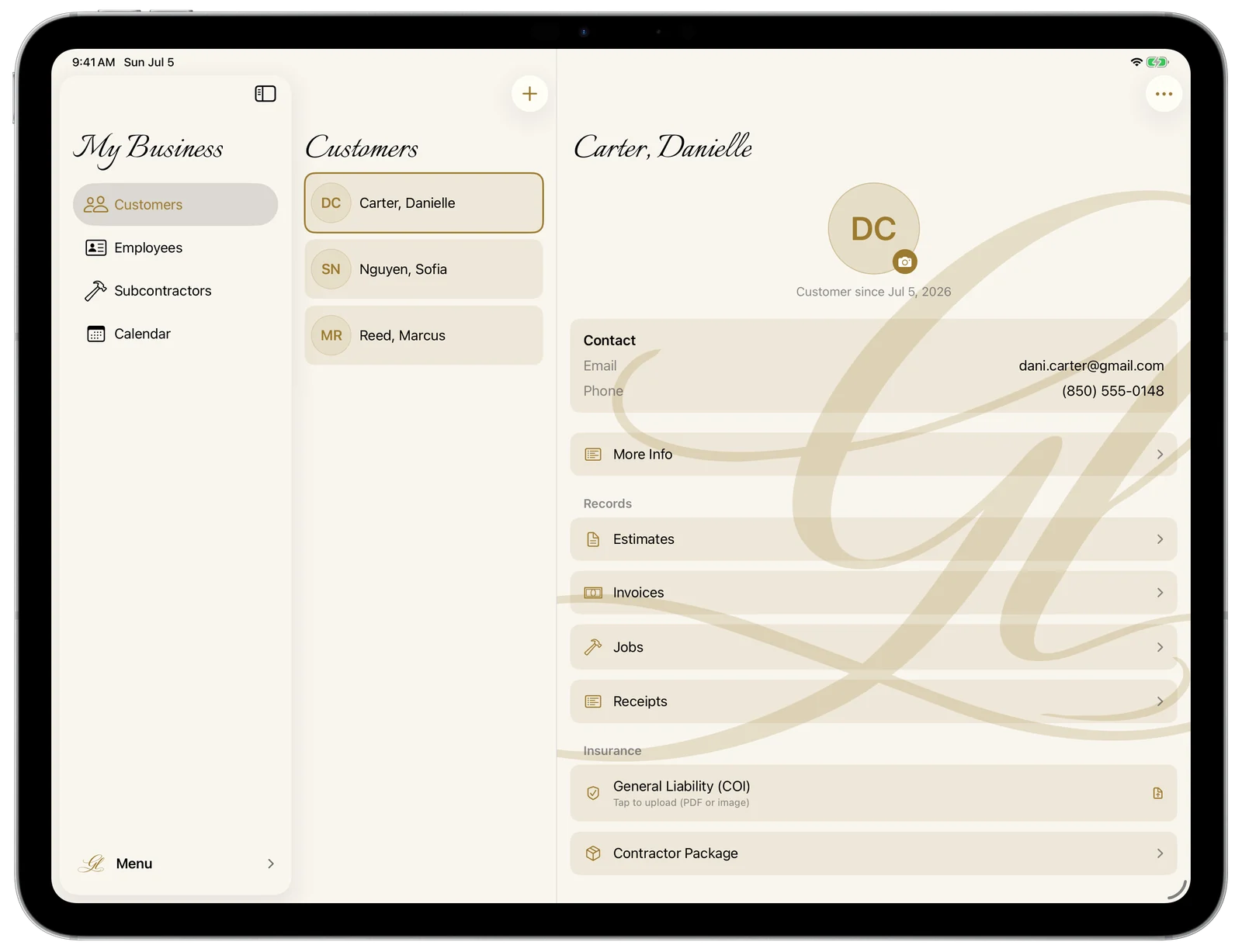 My Business — the three-column customer view on iPad in landscape