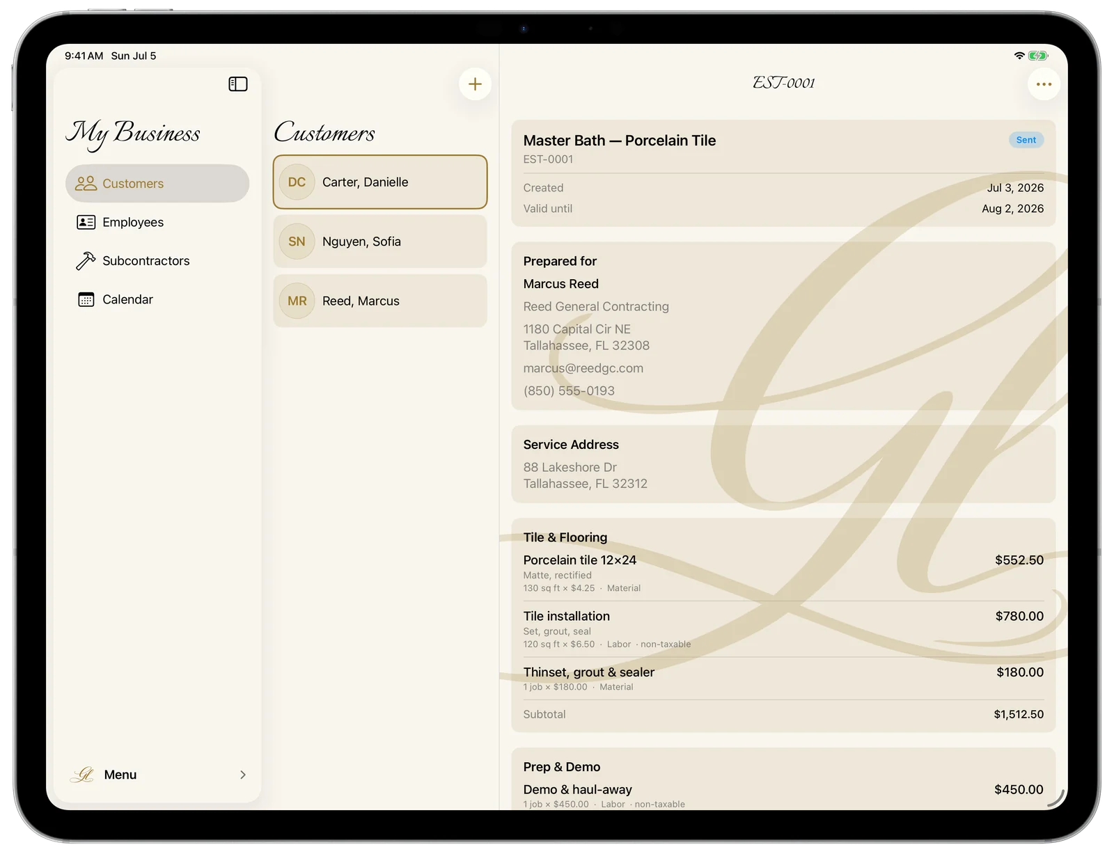 My Business — an estimate in the detail column on iPad