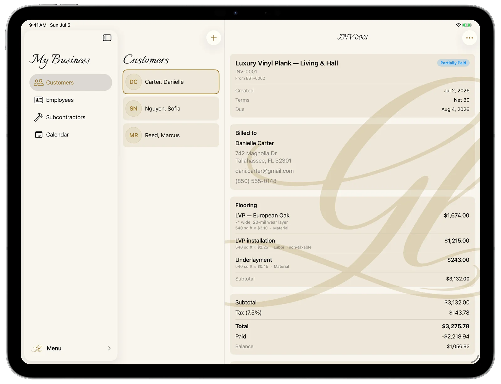 An invoice with a change order on iPad