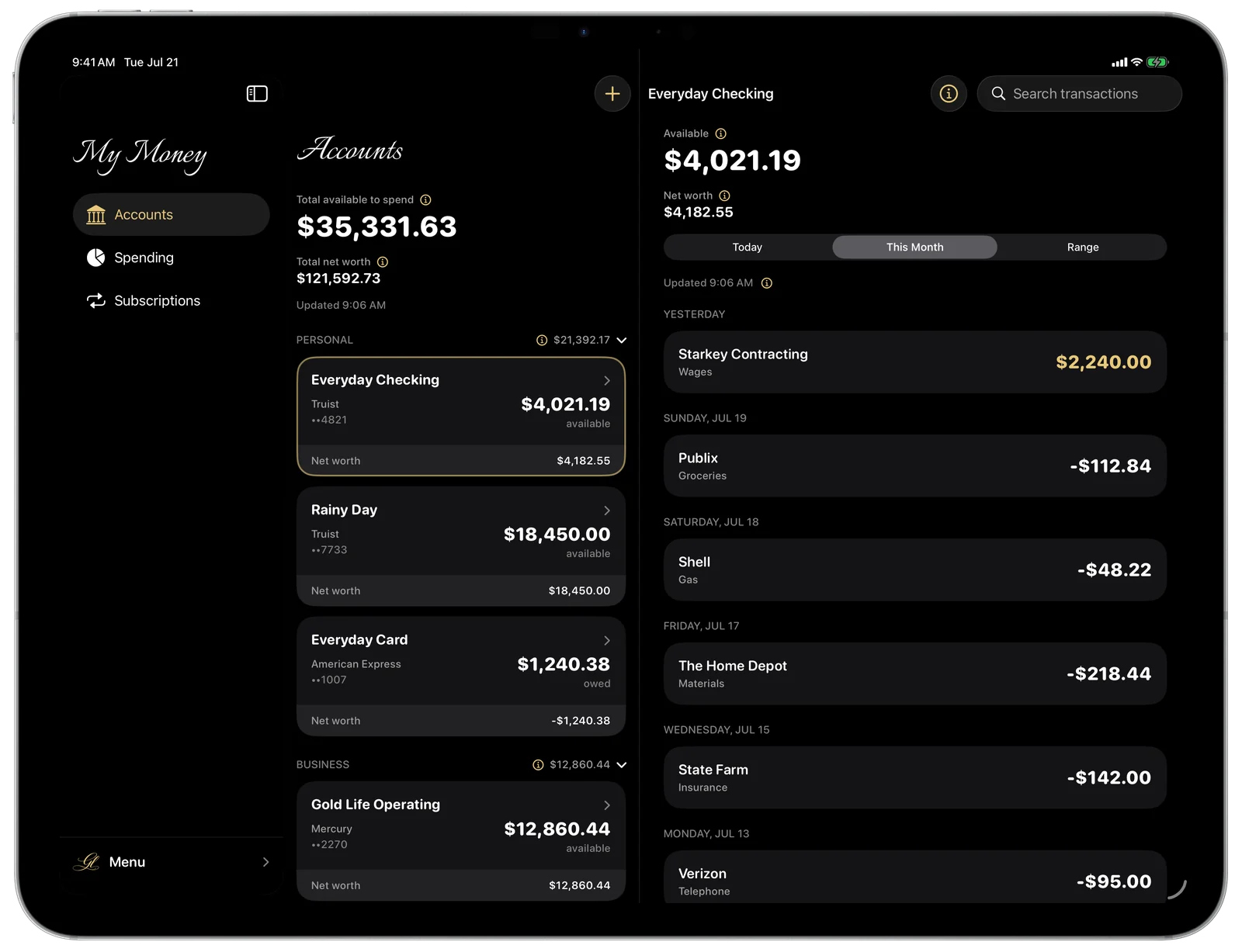My Money on iPad — the accounts list and an account's transactions, side by side