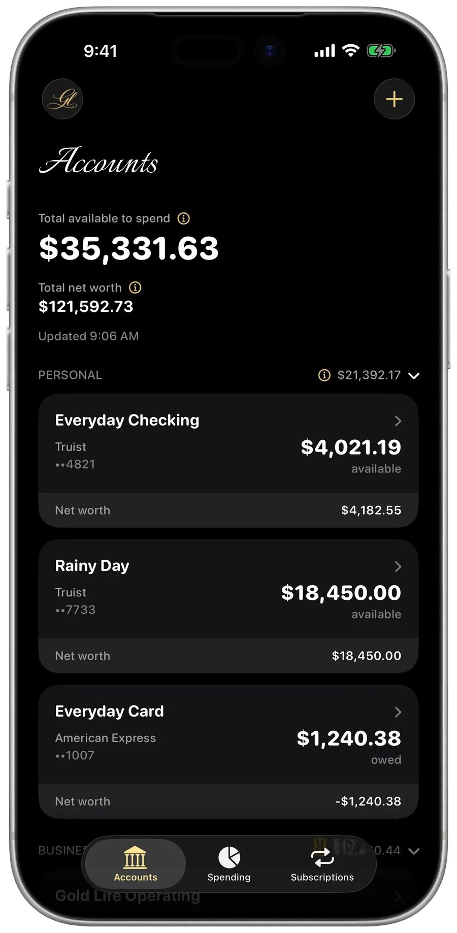 My Money — the Accounts screen on iPhone