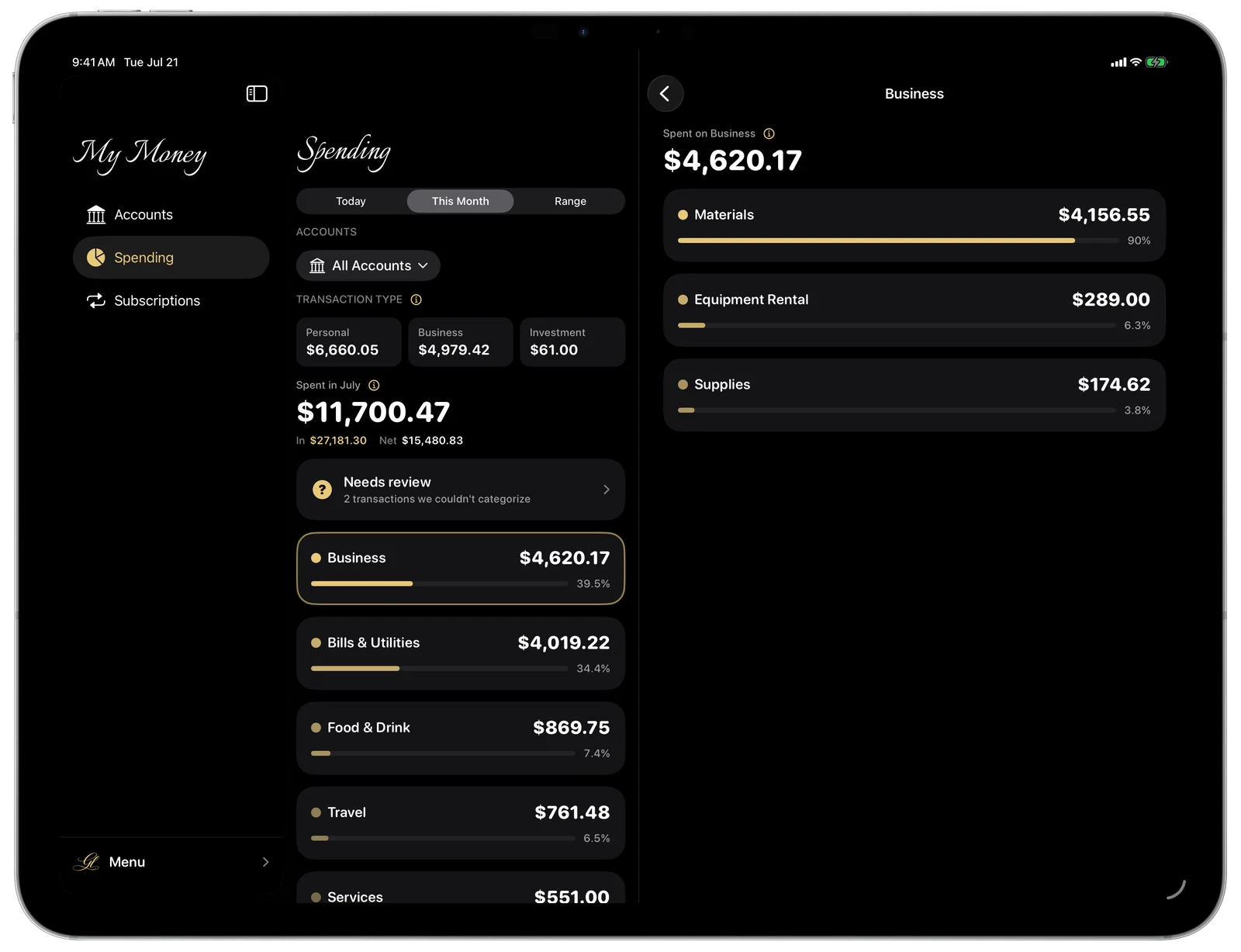 My Money on iPad — spending by category with a category's breakdown beside it