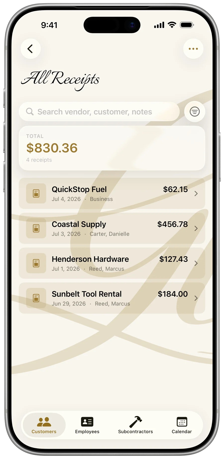 My Business — Receipts (light mode)