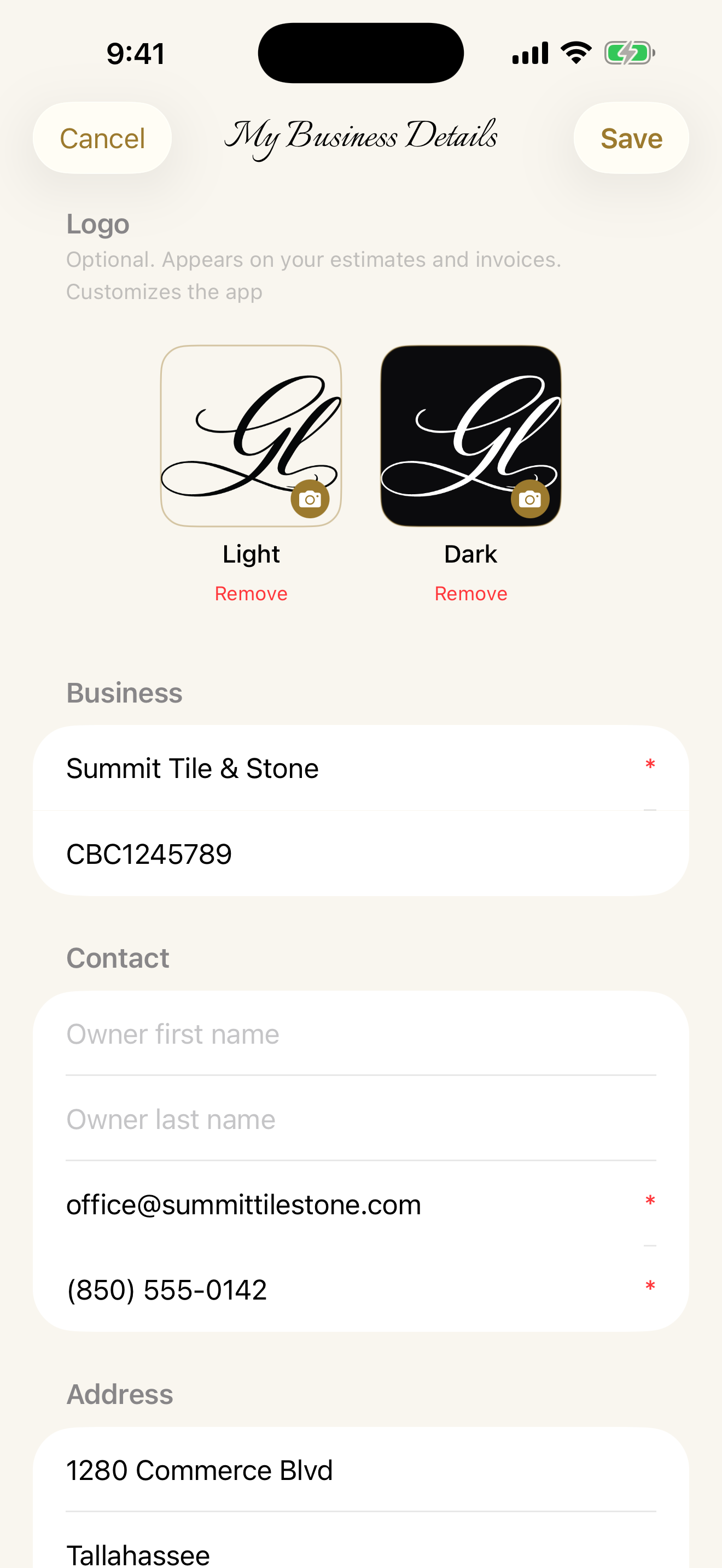 My Business — set your own logo and business details