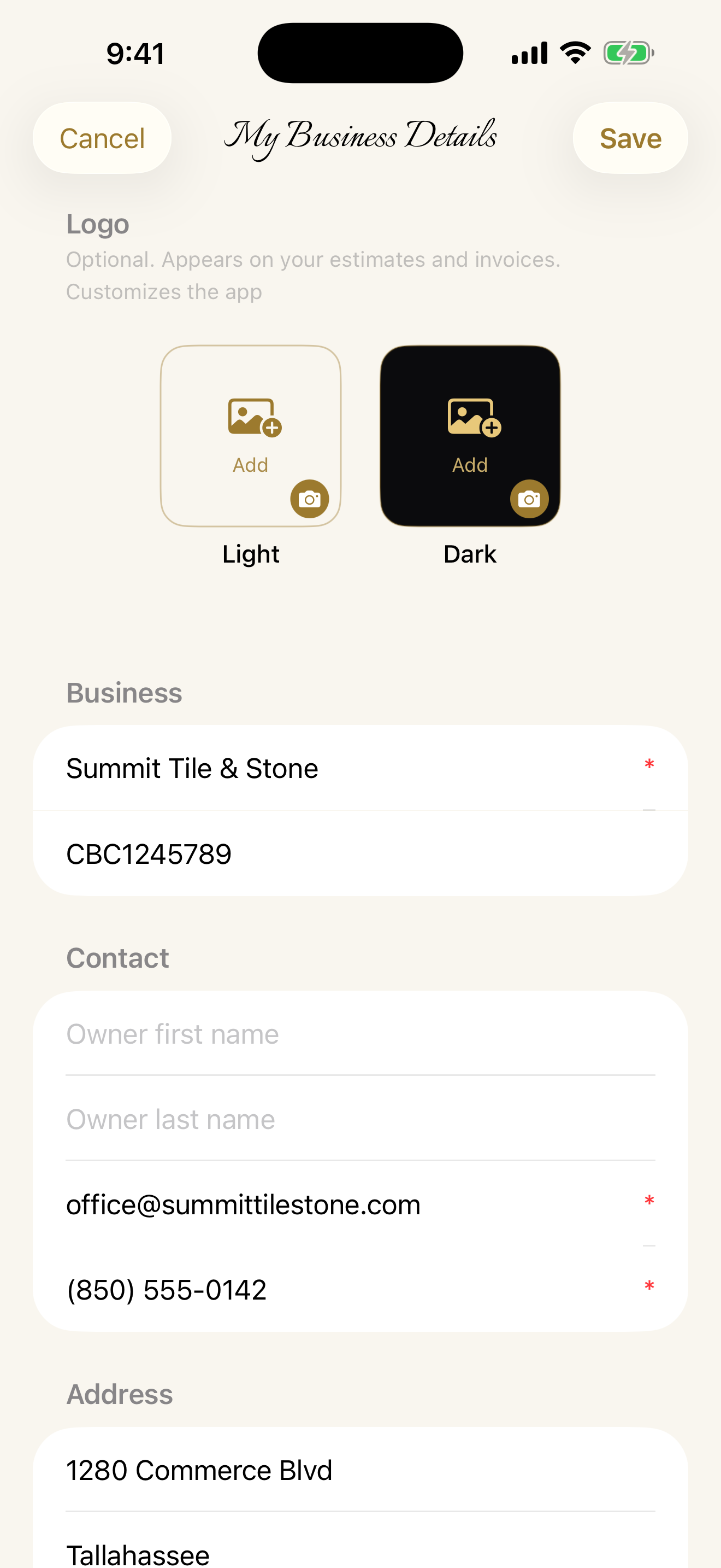 My Business — set your business name, license, contact, and logo