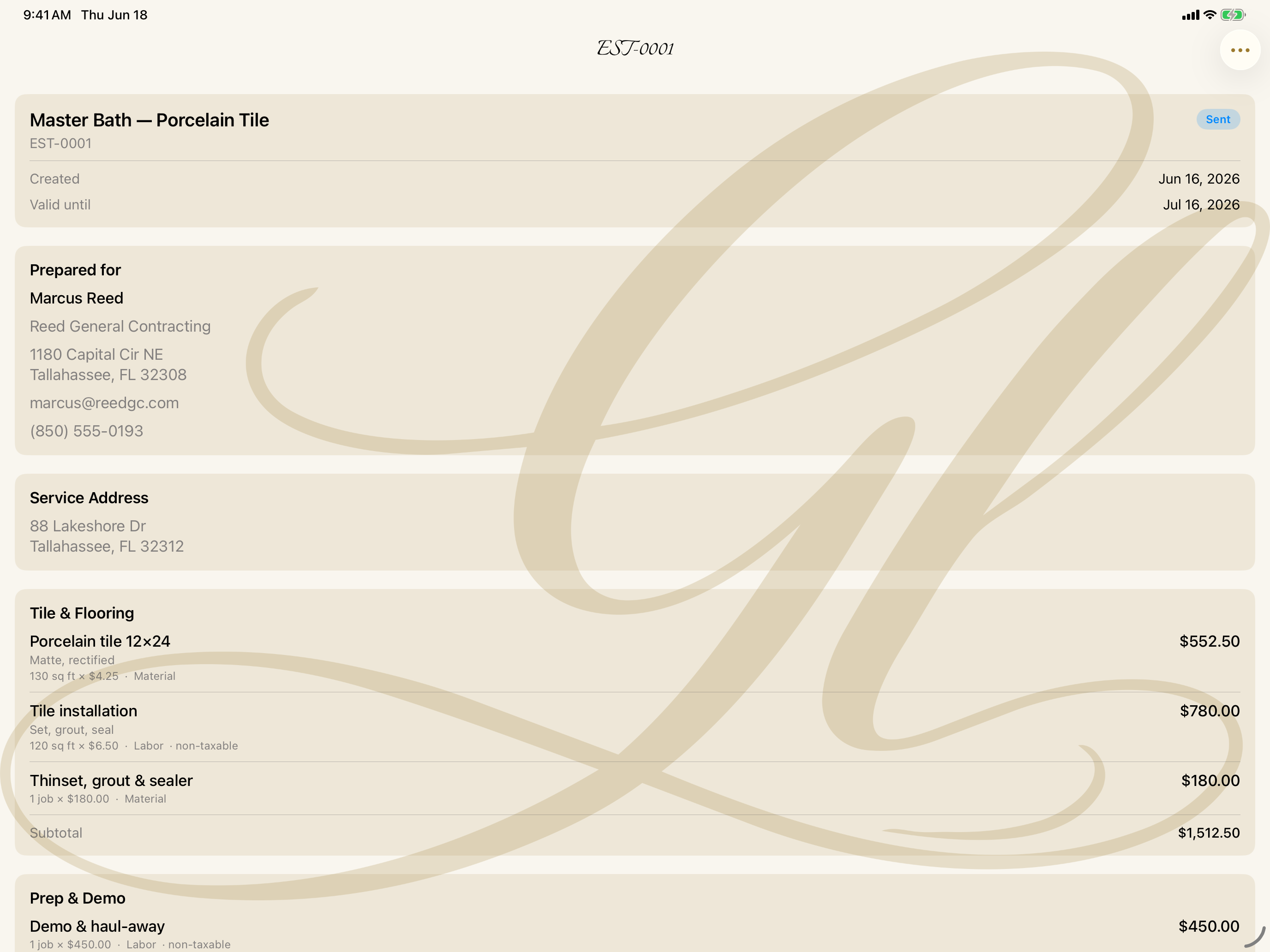 My Business — an estimate on iPad