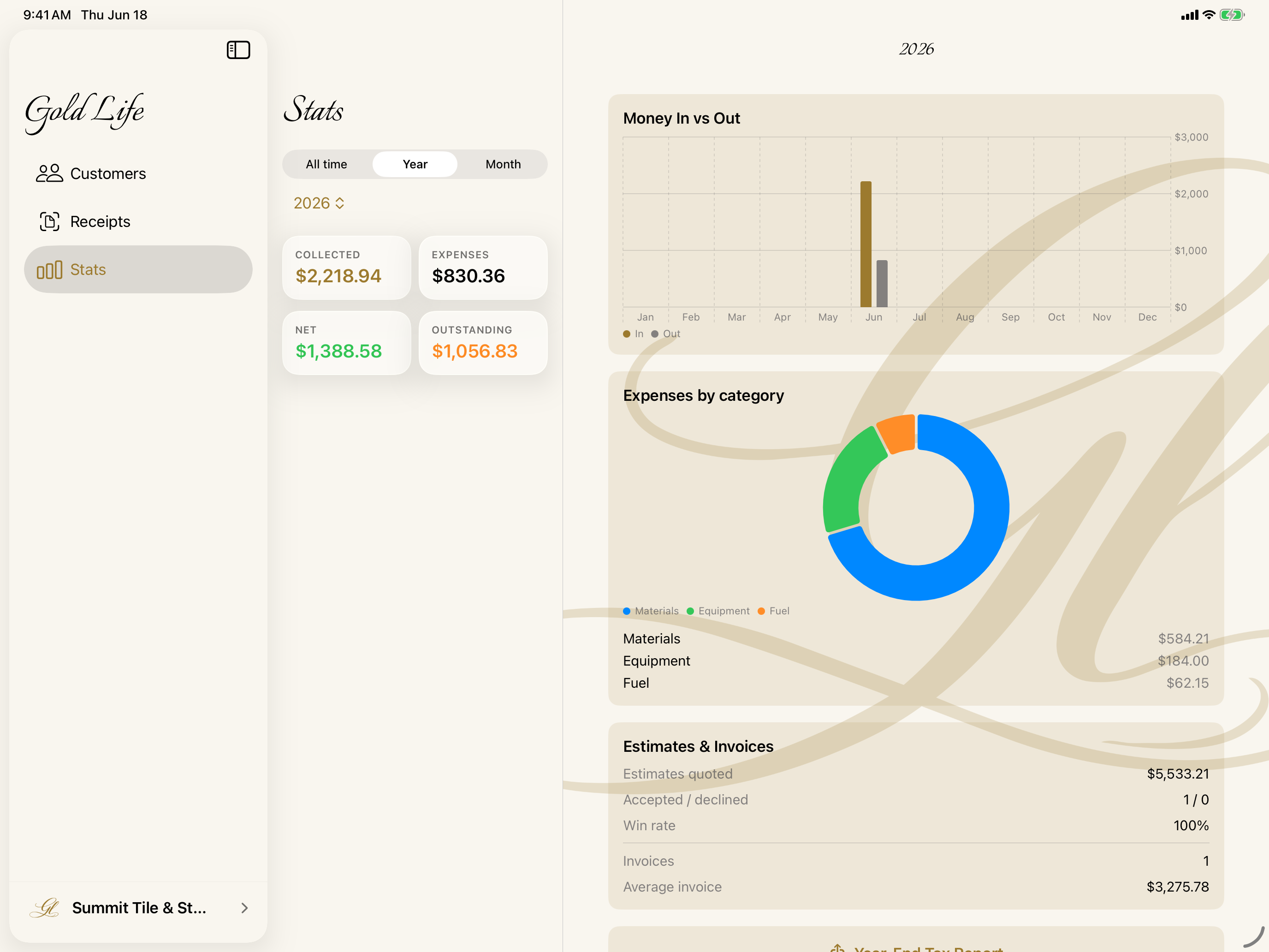 My Business — the Stats dashboard on iPad in landscape
