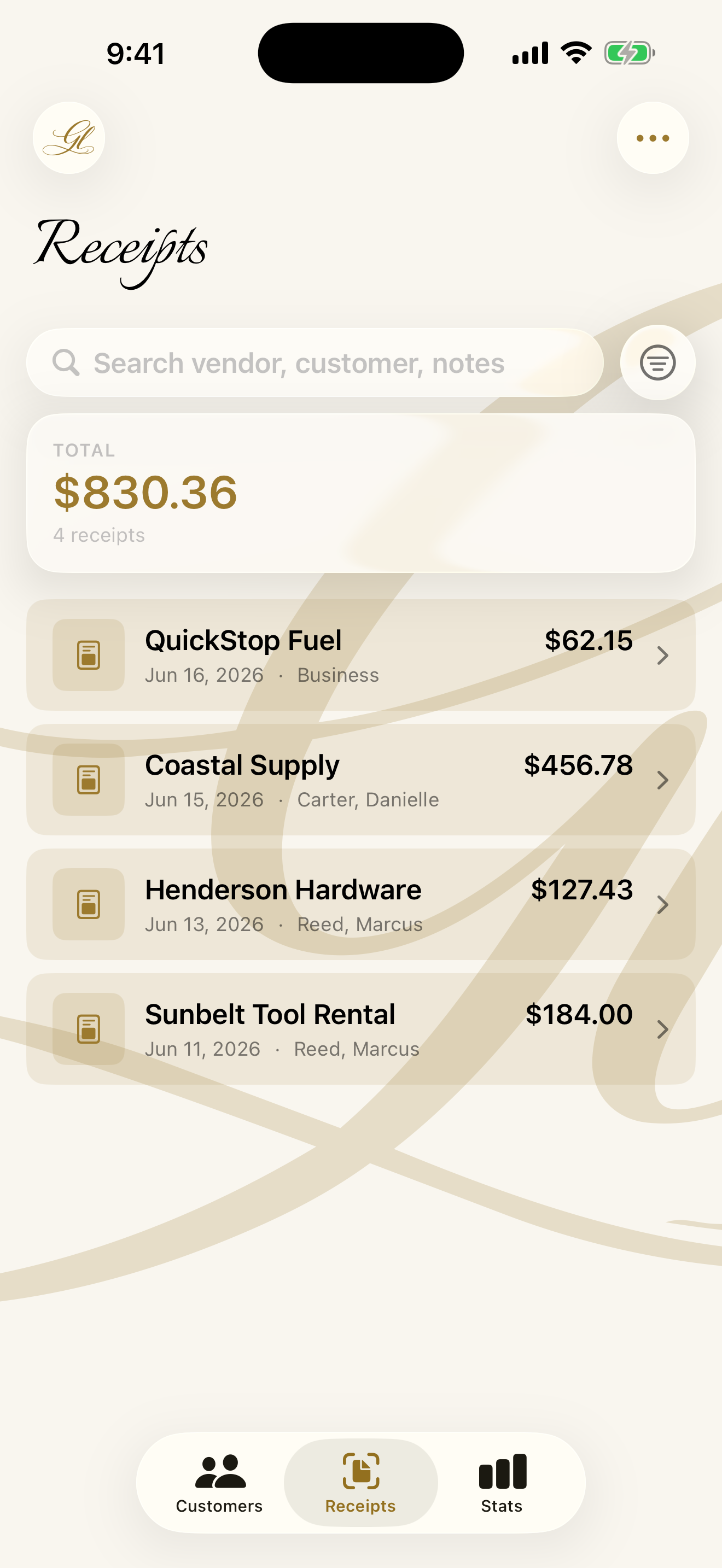 My Business — Receipts (light mode)